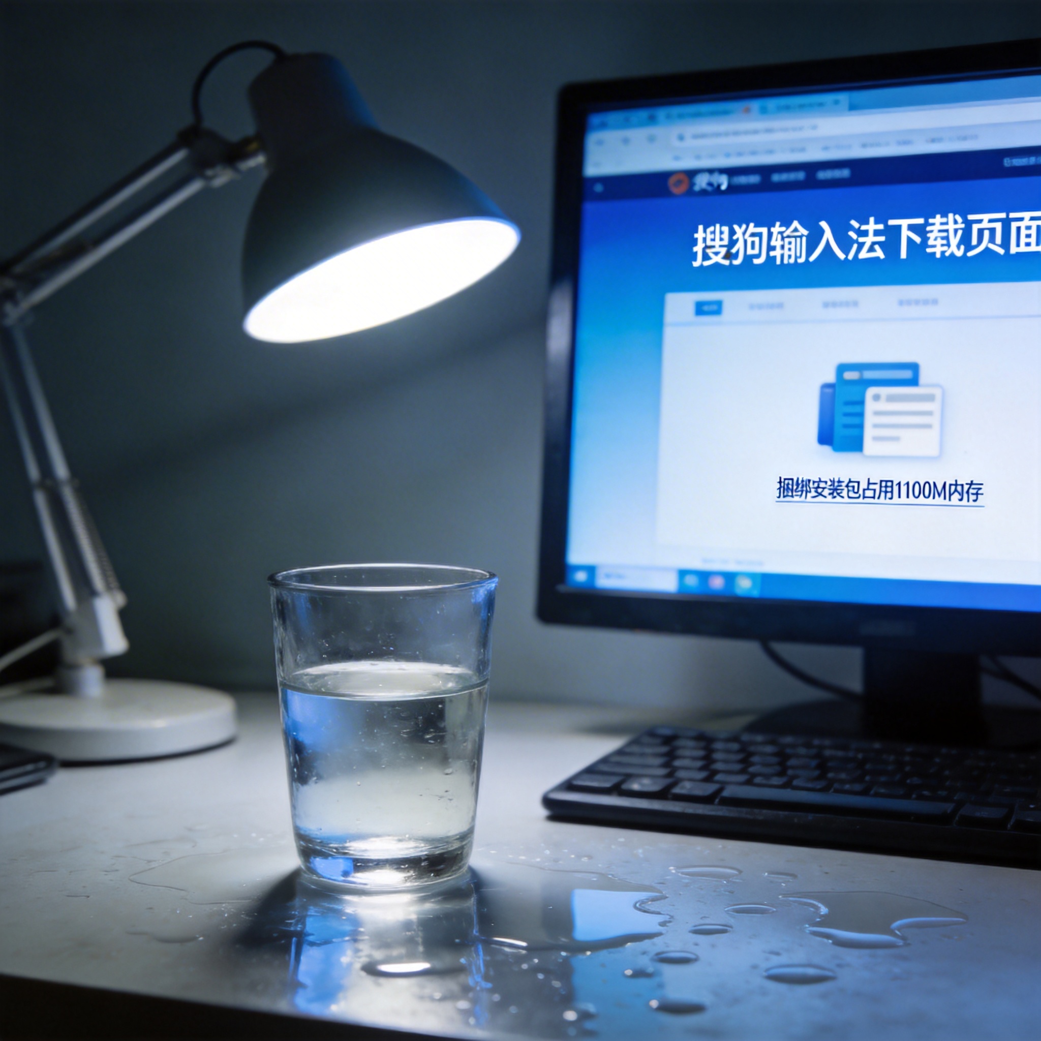 电脑屏幕显示第三方软件站的搜狗输入法下载页面，下方标注捆绑安装包占用1100M内存，桌面放着半杯凉白开，台灯冷光