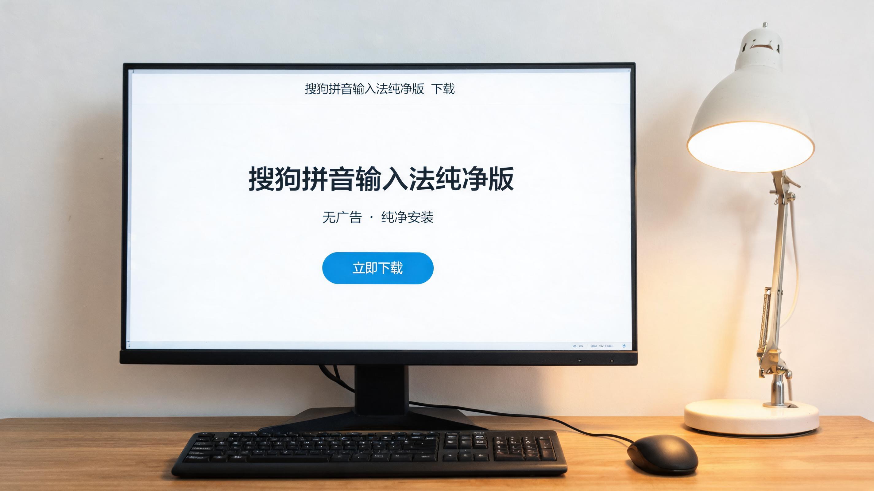 电脑桌上的电脑，屏幕显示搜狗拼音输入法纯净版下载界面，旁边放着台灯