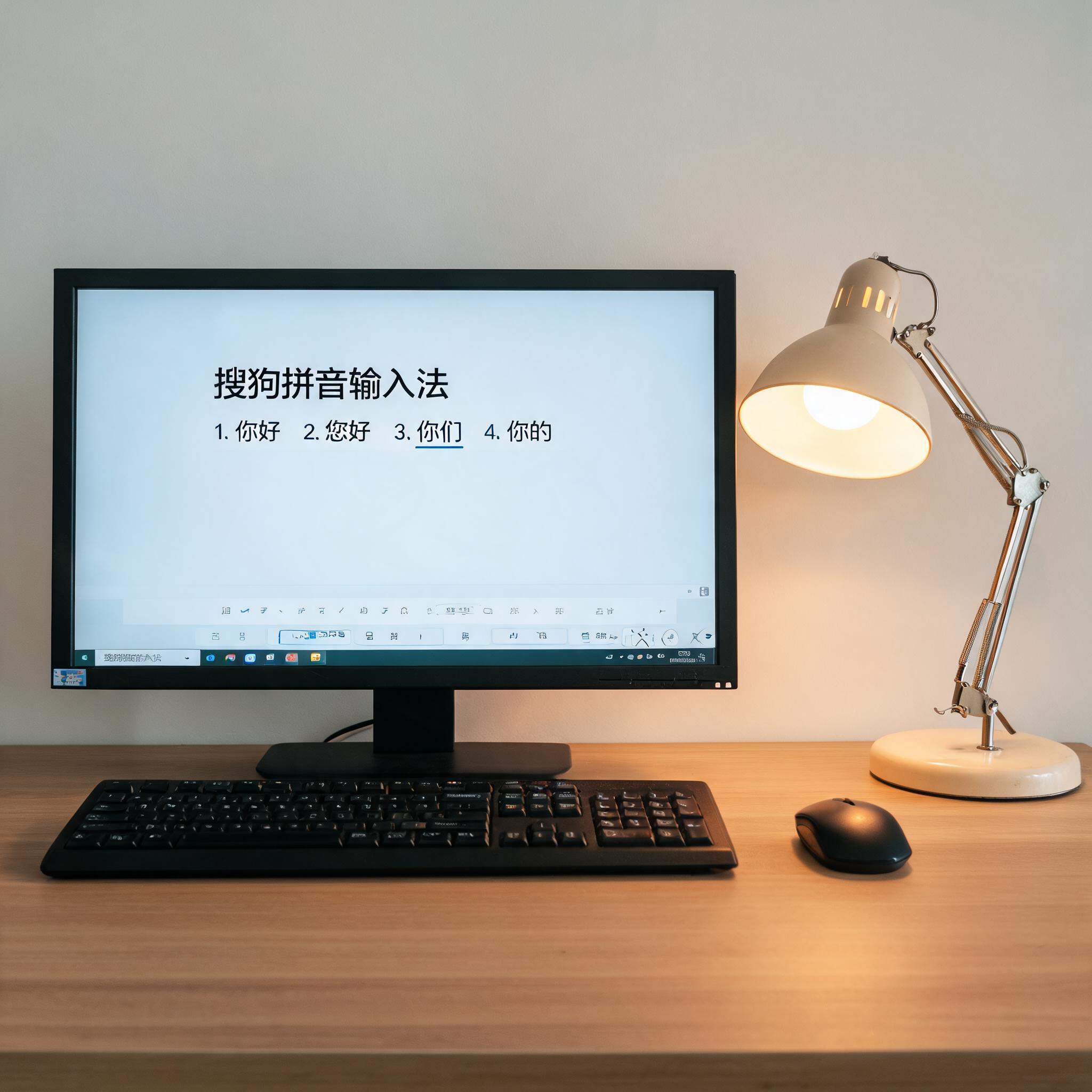 电脑桌上的电脑，屏幕显示搜狗拼音输入法界面，旁边放着台灯