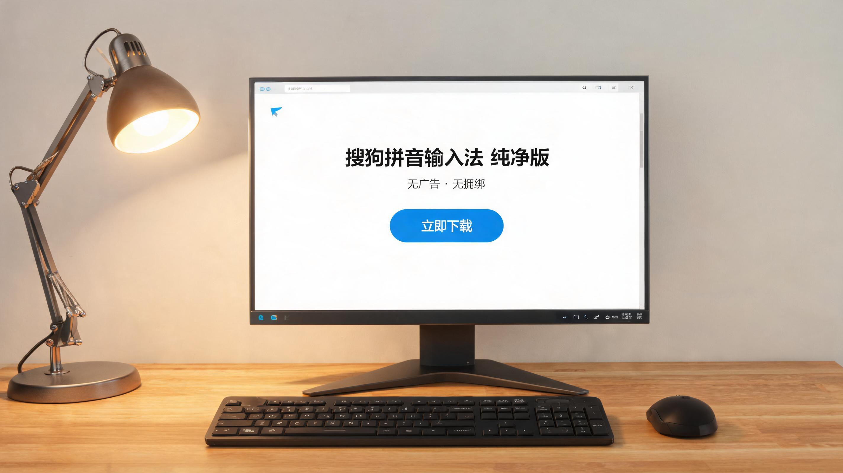 电脑桌上的电脑，屏幕显示搜狗拼音输入法纯净版下载界面，旁边放着台灯