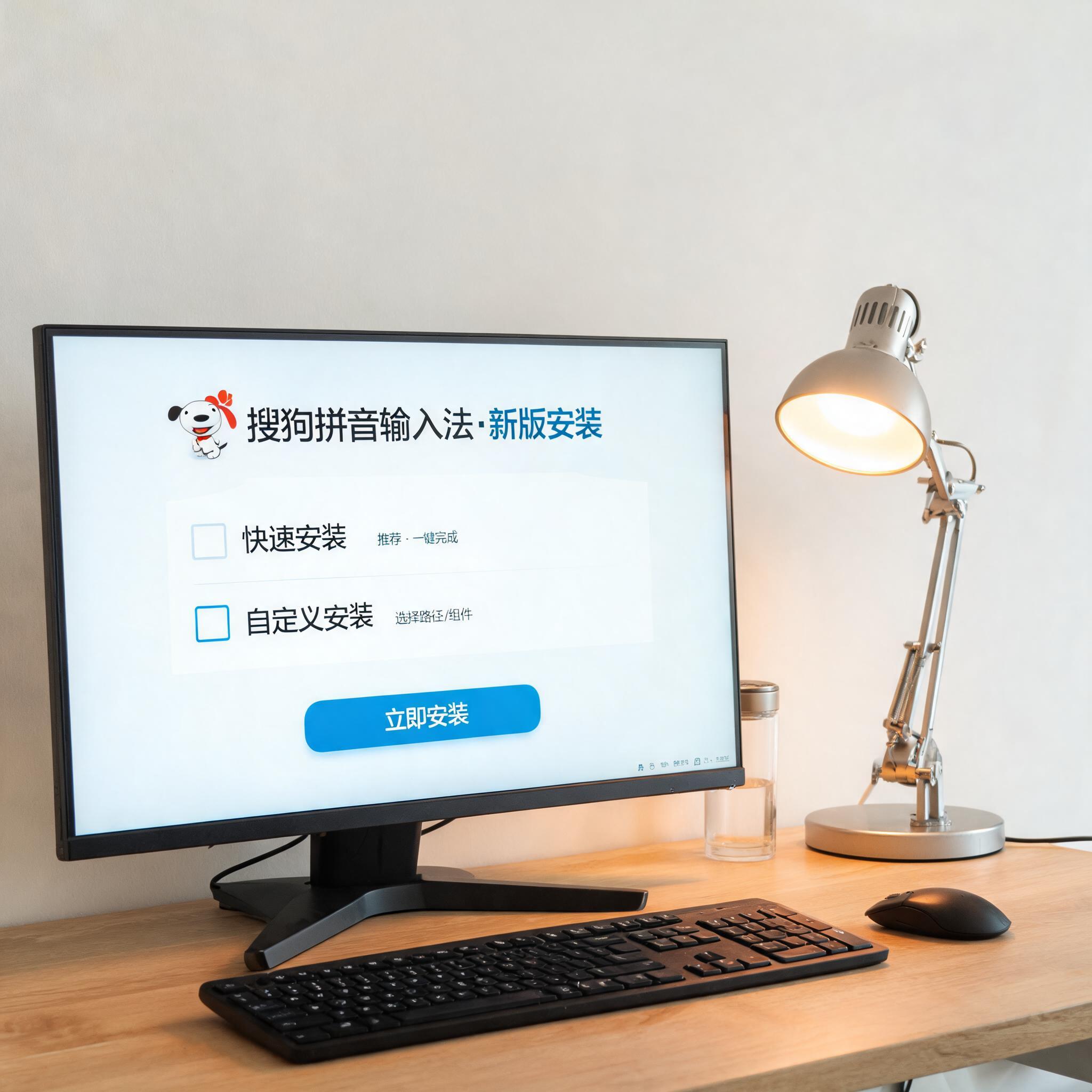 电脑桌上的电脑，屏幕显示搜狗拼音输入法新版安装菜单，旁边放着台灯