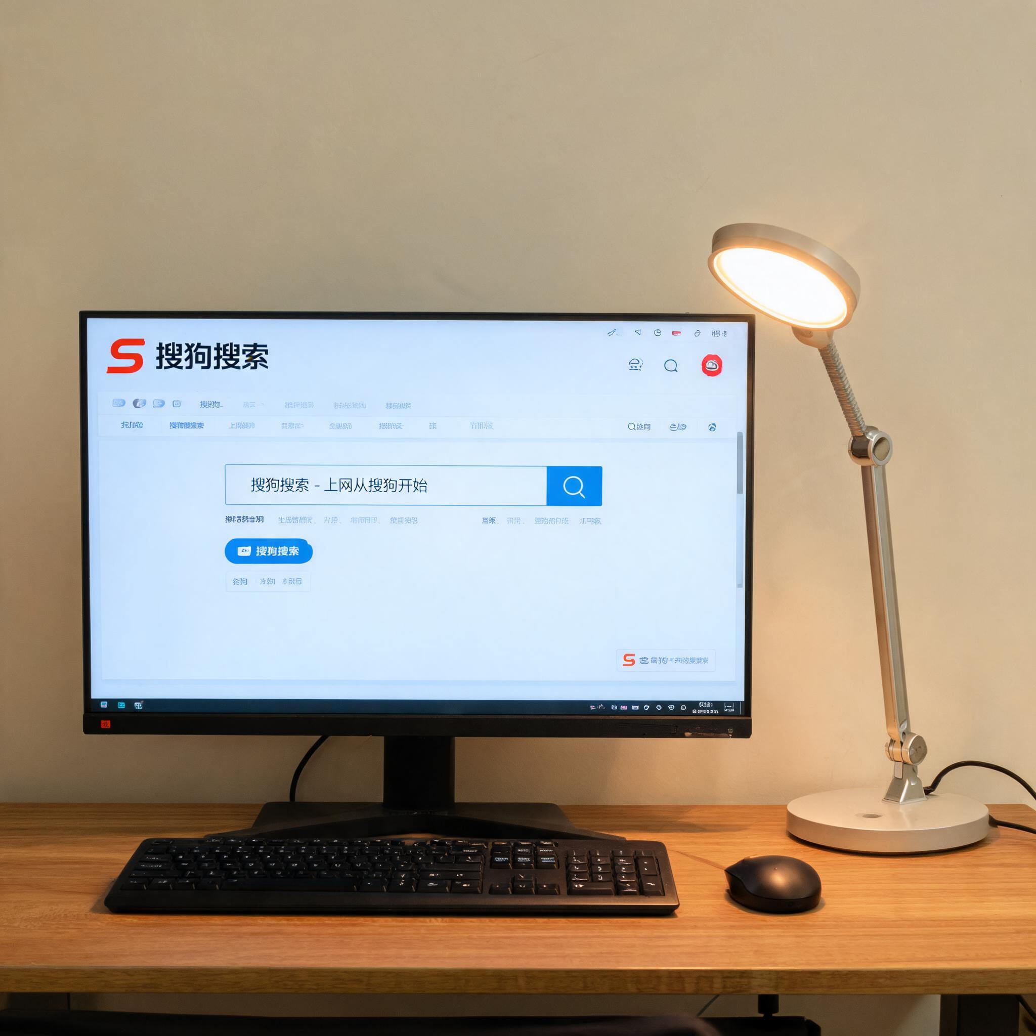 电脑桌上的电脑，屏幕显示搜狗界面，旁边放着台灯