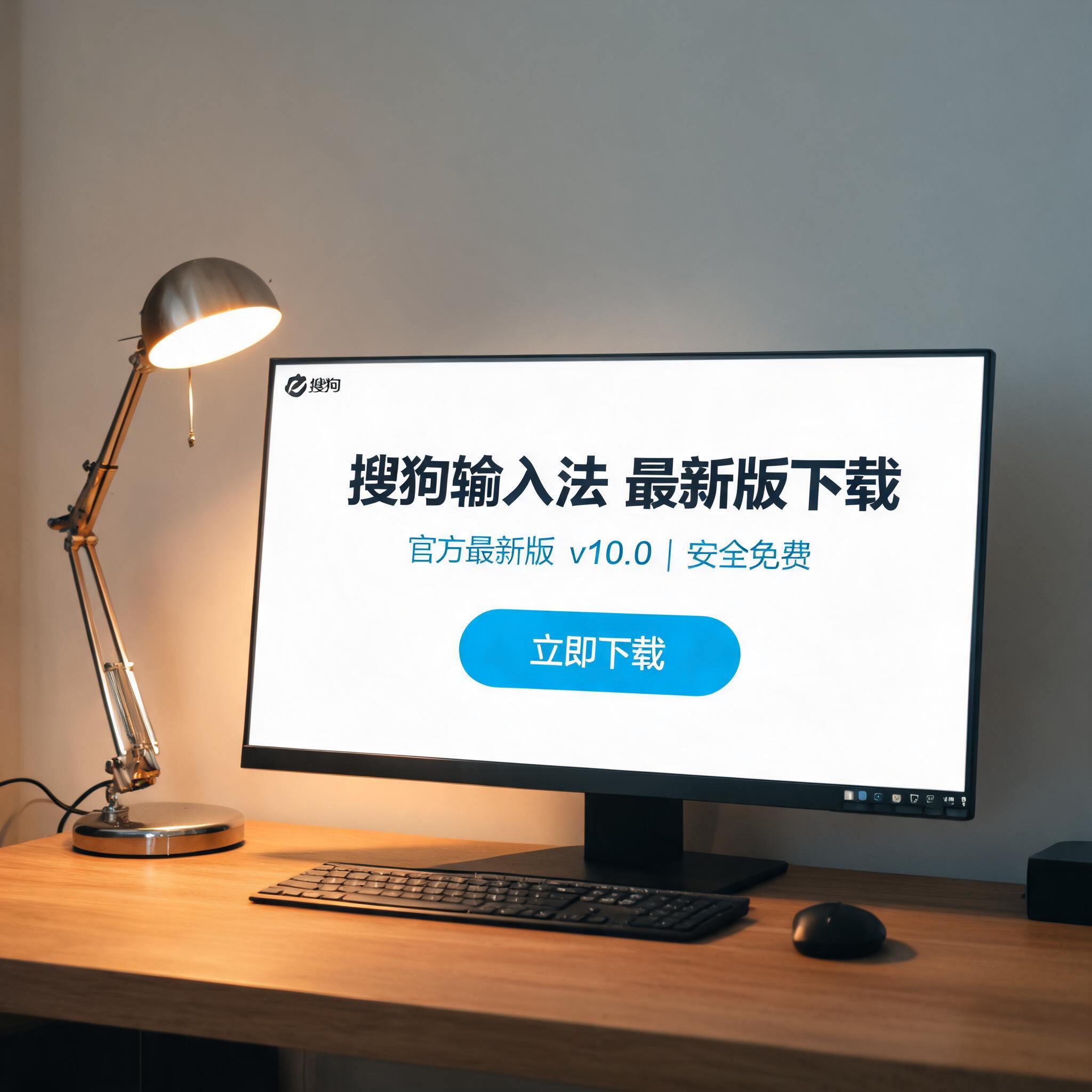 电脑桌上的电脑，屏幕显示搜狗输入法最新版下载界面，旁边放着台灯