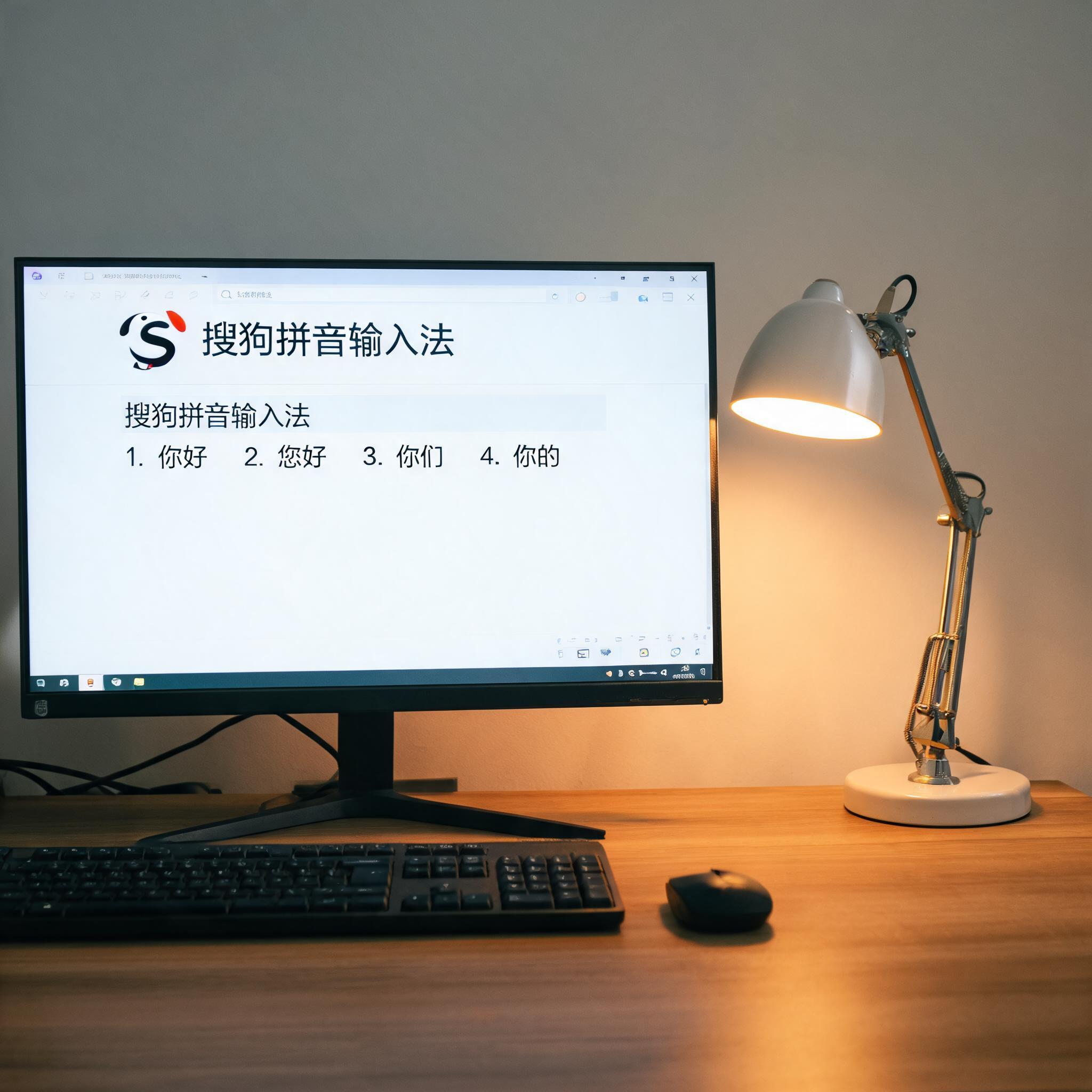 电脑桌上的电脑，屏幕显示搜狗拼音输入法界面，旁边放着台灯