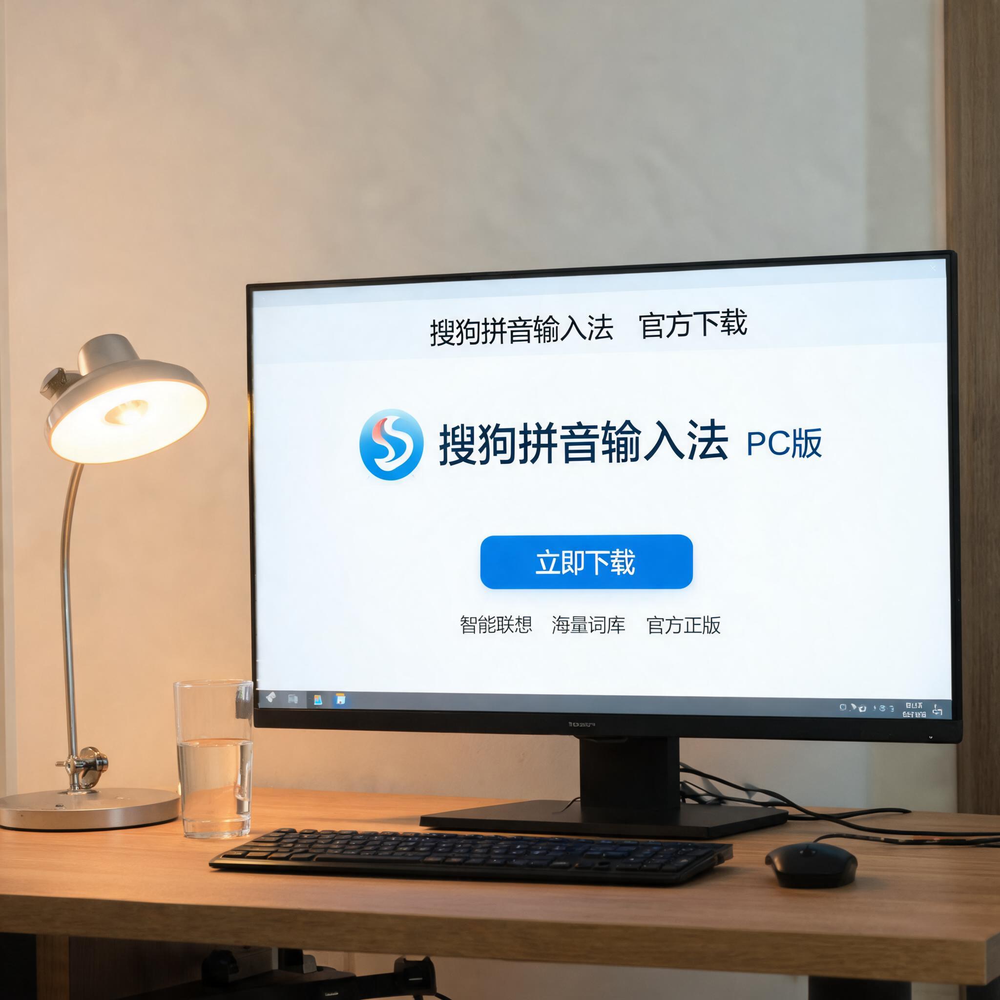 电脑桌上的电脑，屏幕显示搜狗拼音输入法电脑端下载界面，旁边放着台灯