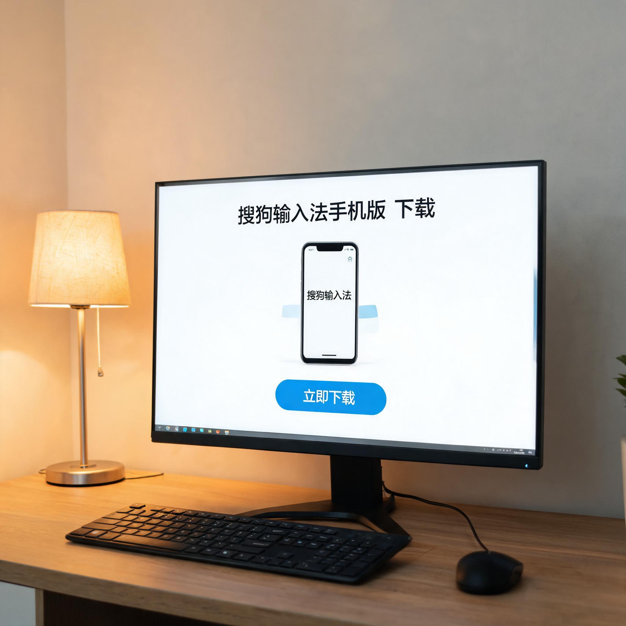电脑桌上的电脑，屏幕显示搜狗输入法手机版下载界面，旁边放着台灯