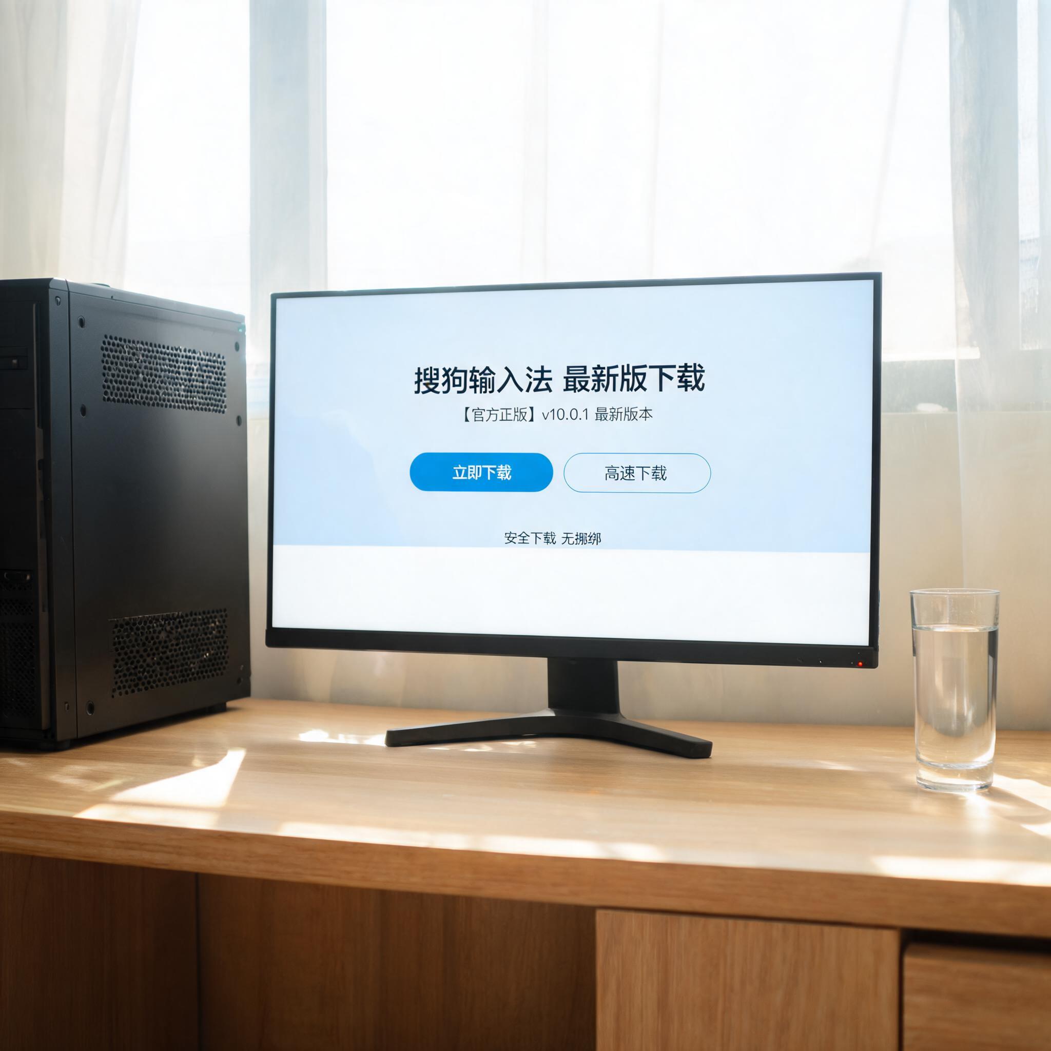 书桌上的主机，屏幕显示搜狗输入法最新版下载设置界面，桌角放着水杯，自然光