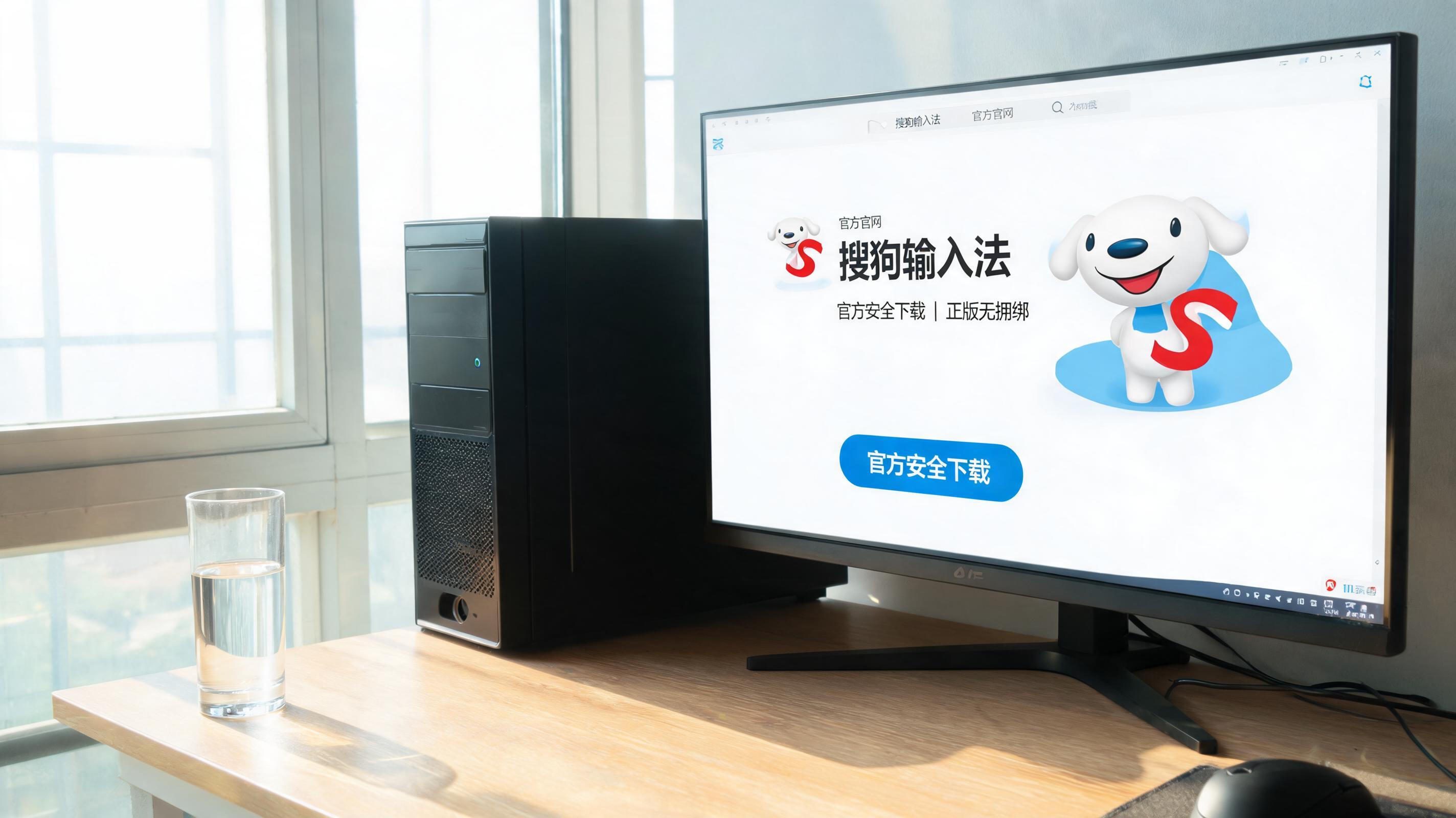 书桌上的主机，屏幕显示搜狗输入法安全官方下载设置界面，桌角放着水杯，自然光