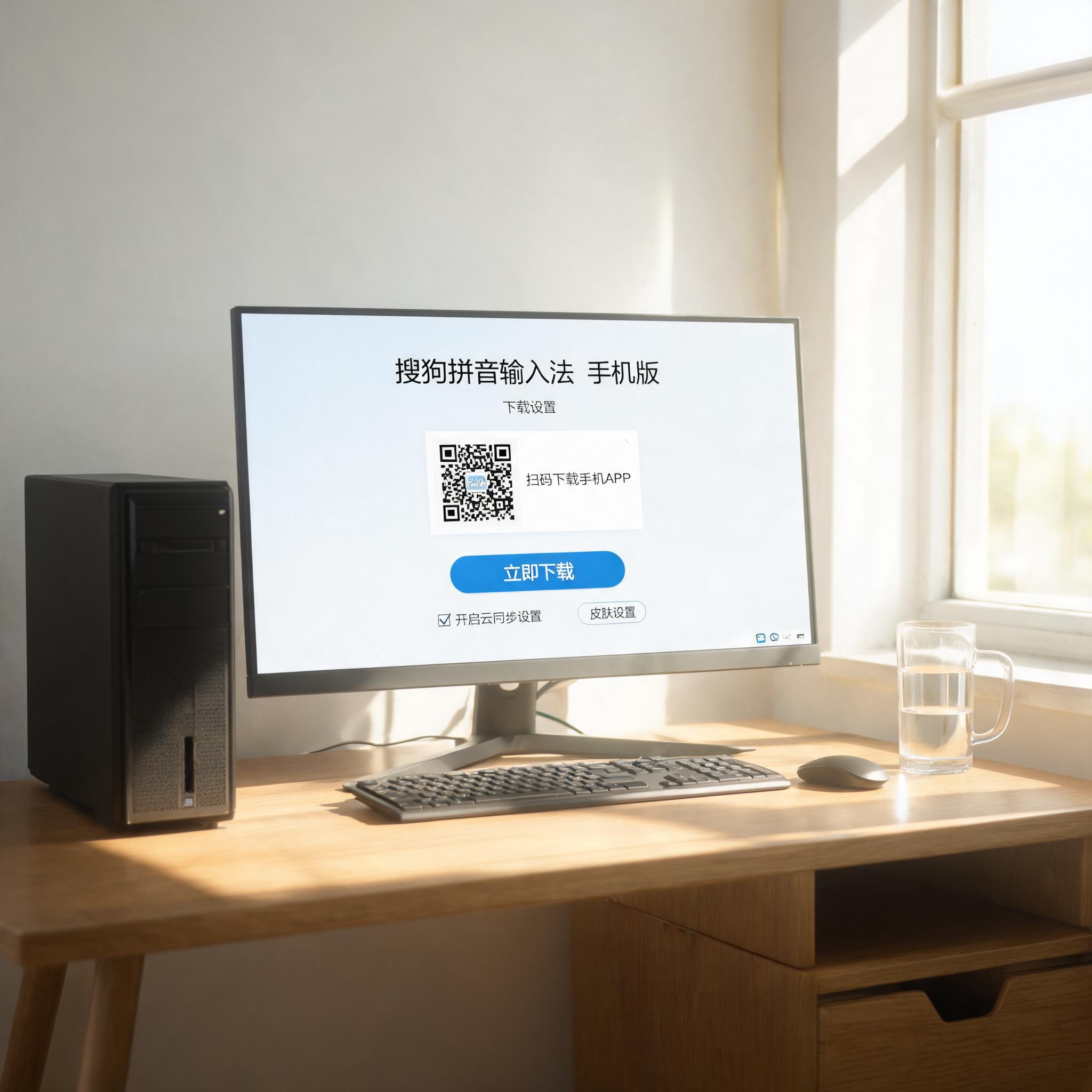 书桌上的主机，屏幕显示手机搜狗拼音输入法下载设置界面，桌角放着水杯，自然光